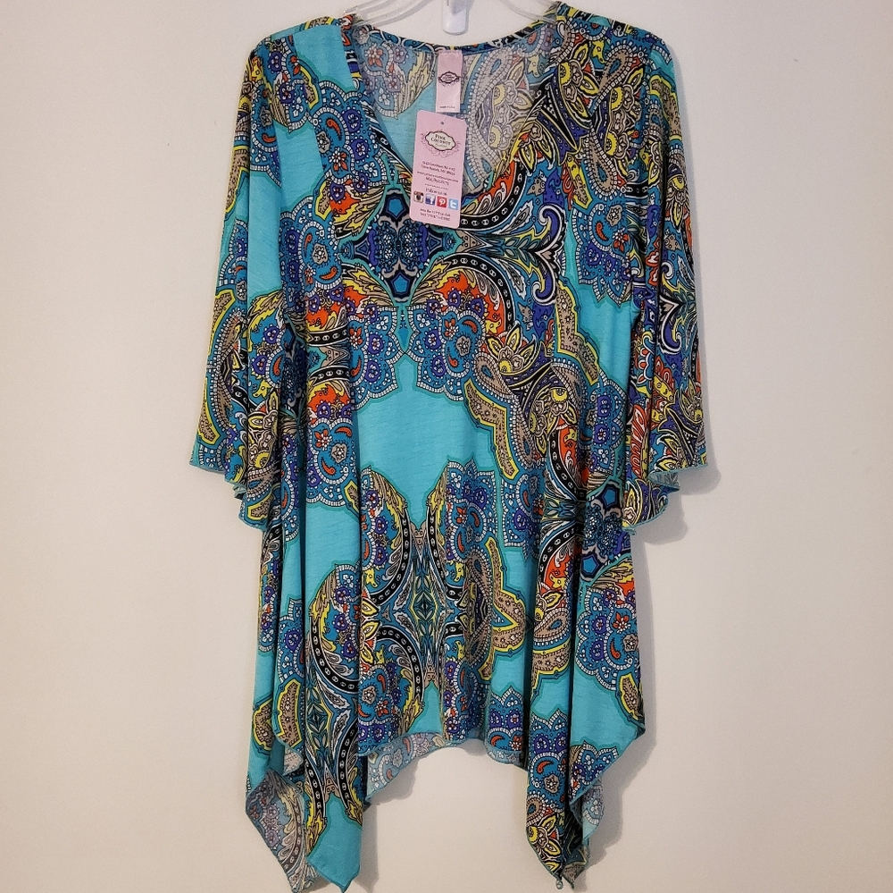 Pink Coconut Boutique Vibrant Paisley Print 3/4 Flare Sleeves Top Blouse Size M
